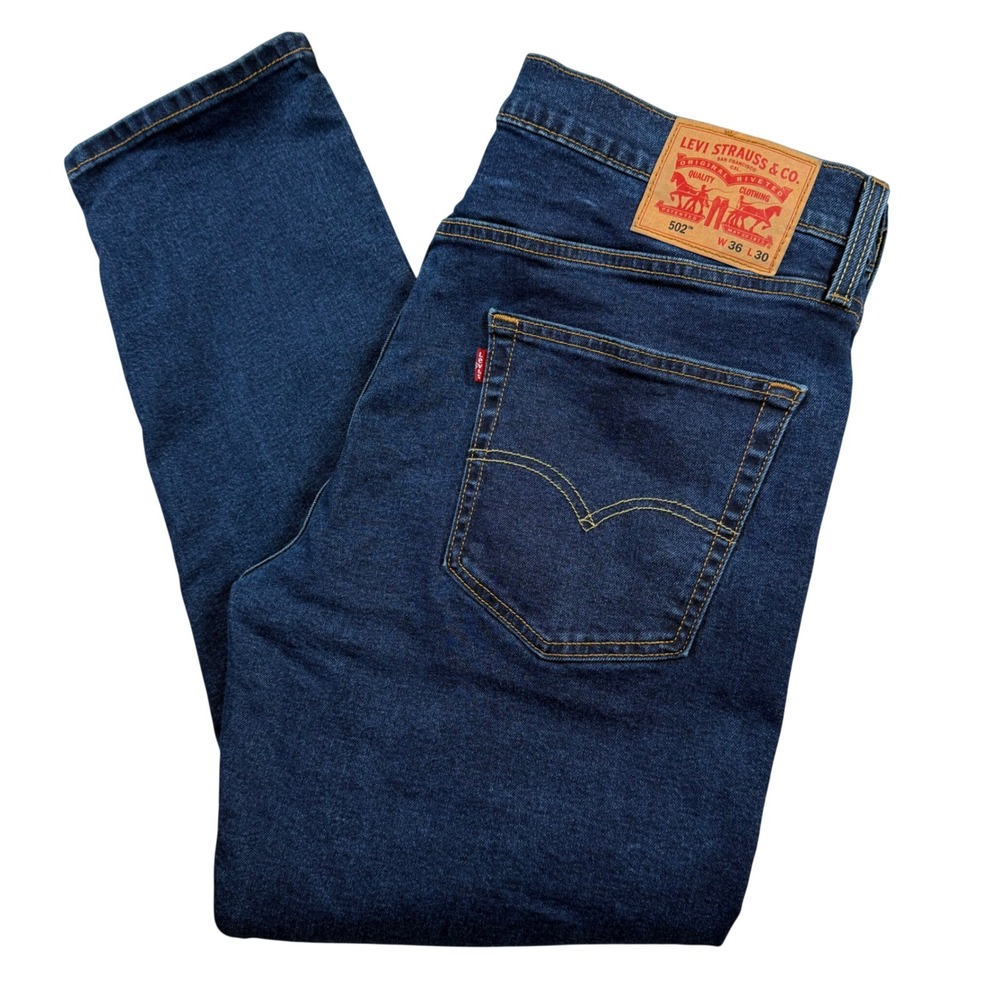 Levis 502 Taper Jeans Mens 36x30 Blue Dark Wash Stretch Denim